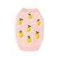 The Icon Sweater by Found My Animal is a light pink knit dog sweater featuring evenly spaced small yellow lemons and green leaves on the front.