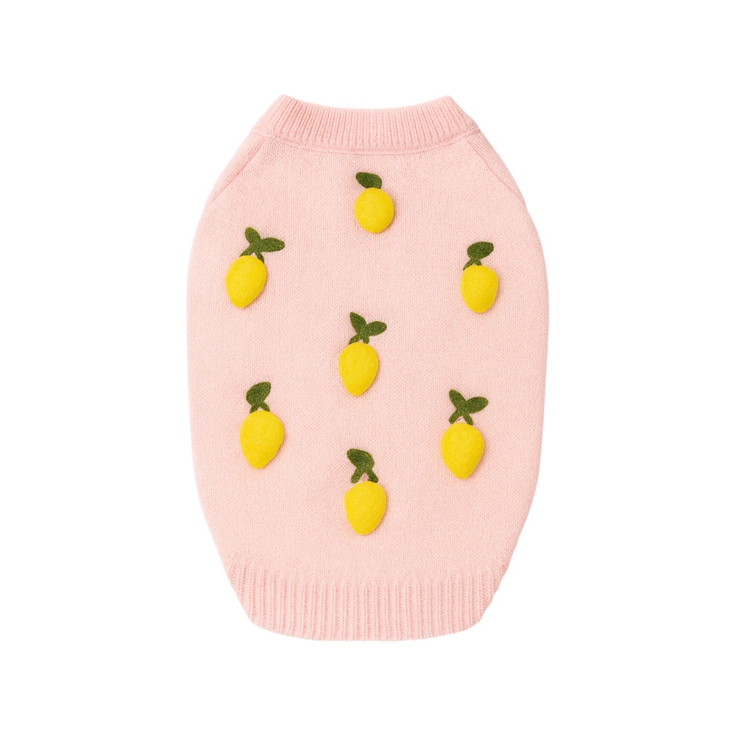 The Icon Sweater by Found My Animal is a light pink knit dog sweater featuring evenly spaced small yellow lemons and green leaves on the front.