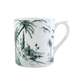 The Depareillees Vert Dinnerware and Serveware Collection by Gien France features a white ceramic mug with iconic black and white illustrations of palm trees, a domed mosque, minaret, and nearby figures—perfect for your unique collection or table.