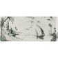 The Depareillees Vert Dinnerware and Serveware Collection by Gien France features a rectangular plate with a black-and-white coastal scene, including a sailboat, palm trees, and a domed building—a unique addition to your table.