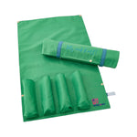 The Oh My Mahjong Let's Rack & Roll Mahjong Bag is a green roll-up mat with five padded sections, corner snaps, and "let's rock & roll!" on the cover—a chic storage solution that pairs perfectly with rack and roll bags or acrylic racks.