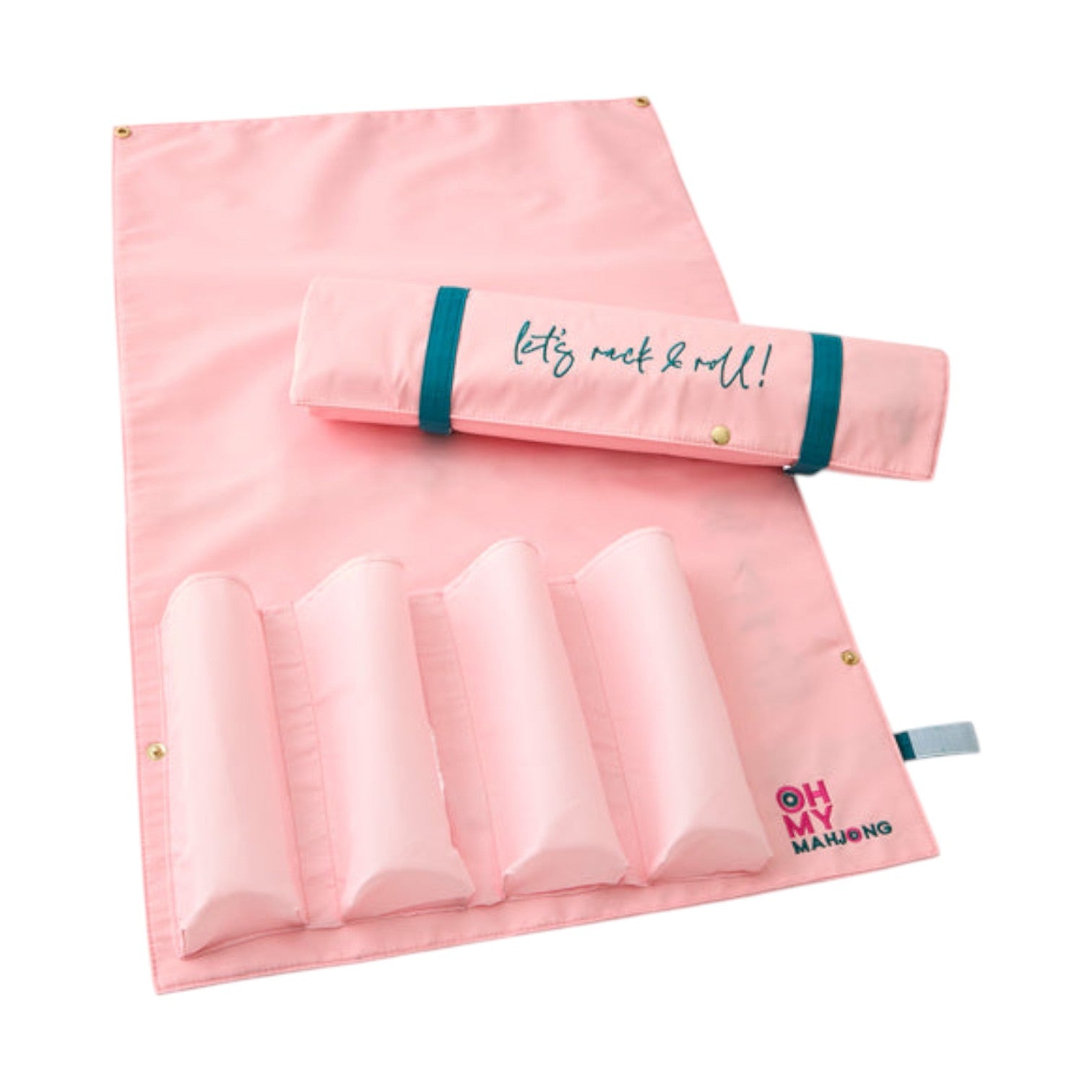 The Oh My Mahjong Let's Rack & Roll Mahjong Bag features a pink mat, four padded acrylic racks, and a matching rack and roll bag with "let's rack & roll!" on a white background for chic storage.