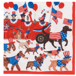 Illustration of dogs in patriotic costumes walking by a red parade vehicle with American flags, balloons, and people celebrating, featuring Caspari's Join The Parade Cocktail Napkin for a festive, sustainable touch.