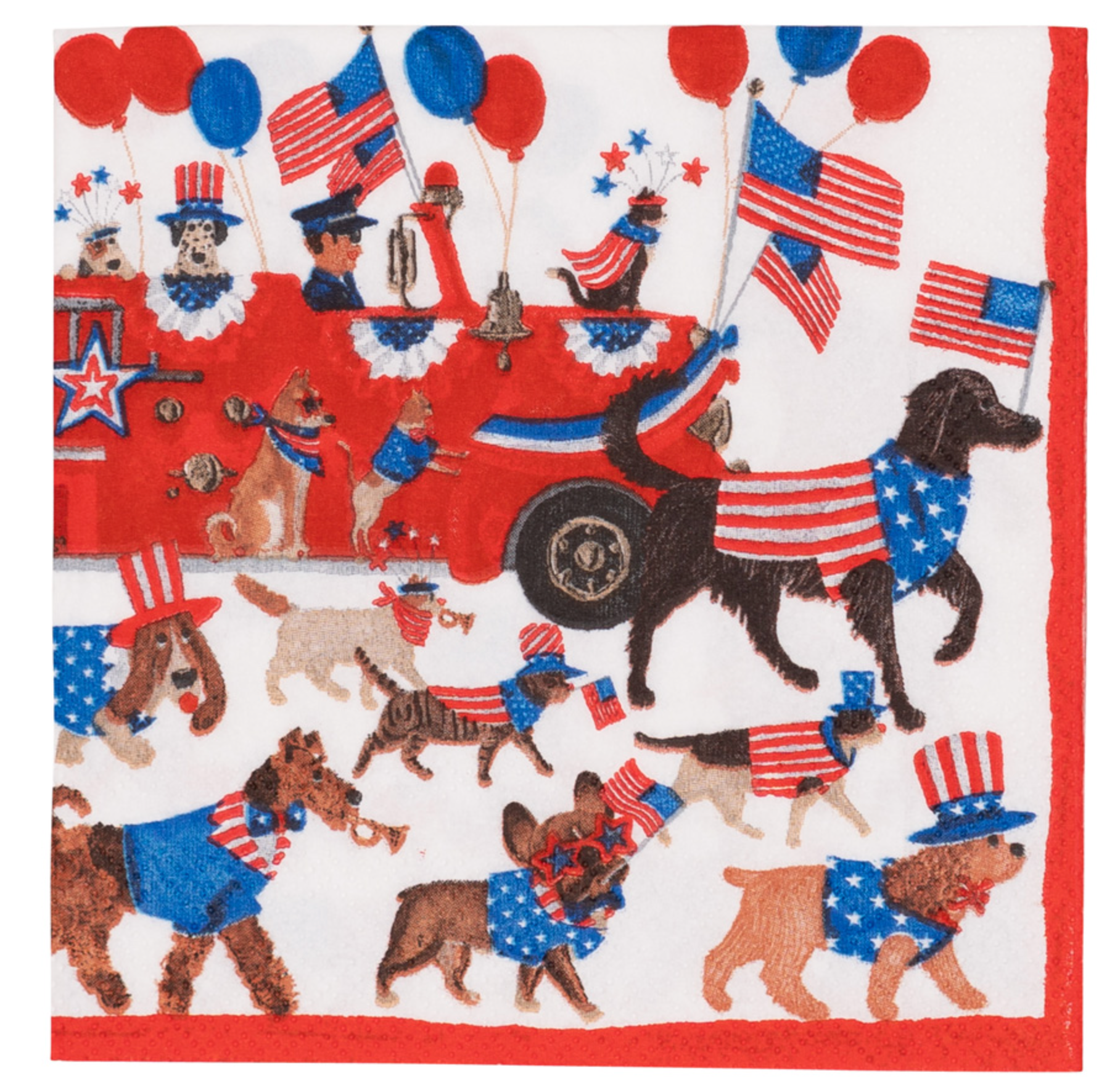 Illustration of dogs in patriotic costumes walking by a red parade vehicle with American flags, balloons, and people celebrating, featuring Caspari's Join The Parade Cocktail Napkin for a festive, sustainable touch.