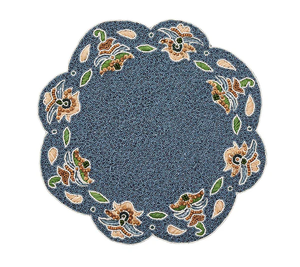 The Kim Seybert Terraza Placemat in Blue features a round shape with a scalloped edge and abstract floral motifs in beige, green, and brown on the outer border.