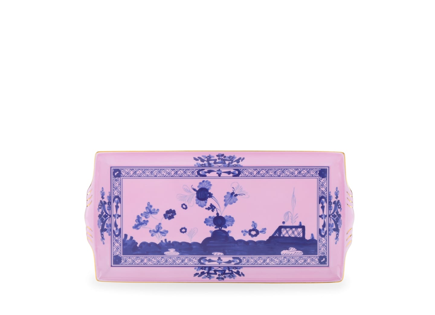 The Ginori 1735 Oriente Italiano Azalea tray features handles, a pink background, and classic blue floral and landscape details—a sophisticated serveware piece from the celebrated Oriente Italiano collection.