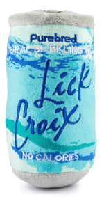 The Haute Diggity Dog LickCroix Barkling Purebred Large is a plush chew toy shaped like a sparkling water can, with "No Calories" and "LickCroix Purebred Barkling Water" in blue lettering on the exterior.
