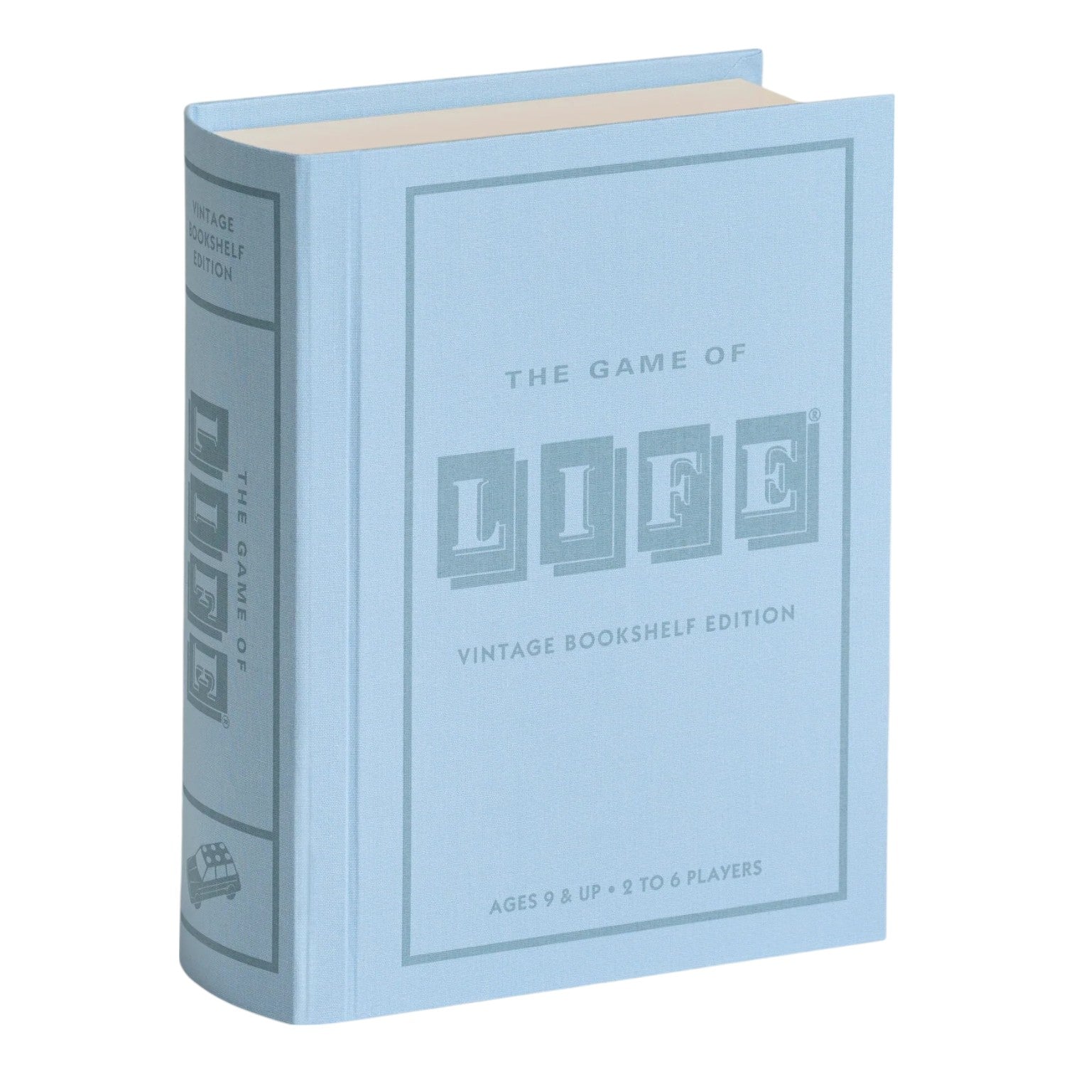 The WS Game Company Vintage Bookshelf Board Games features a light blue fabric-wrapped box designed to look like a hardcover book, perfect for display as part of the Vintage Bookshelf Collection.