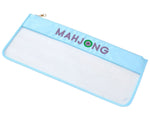 The Mahjong Stitched Bag by Oh My Mahjong is a chic light blue and transparent zippered pouch featuring "MAHJONG" with the "O" as a green and black mahjong tile, plus a secure zipper closure.