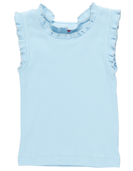 Light blue ribbed tank top with ruffle neck detailing and organic cotton, displayed on a white background. Featuring the Pink Chicken Girls' Organic Ruffle Rib Tank.