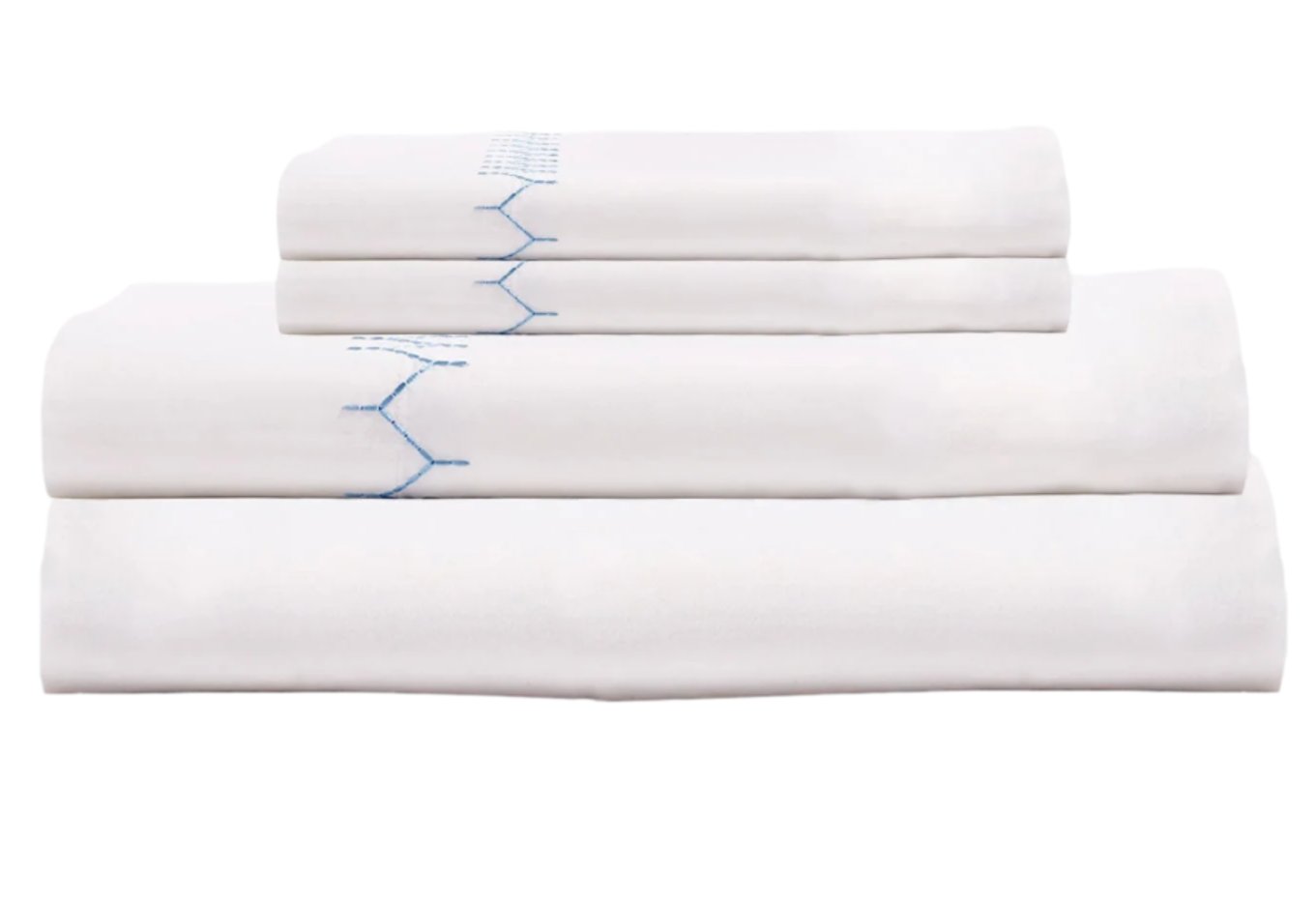 The Stitched Light Indigo Sheet Set by John Robshaw features organic cotton sheets with light blue stitched edges, neatly folded and displayed on a plain white background.