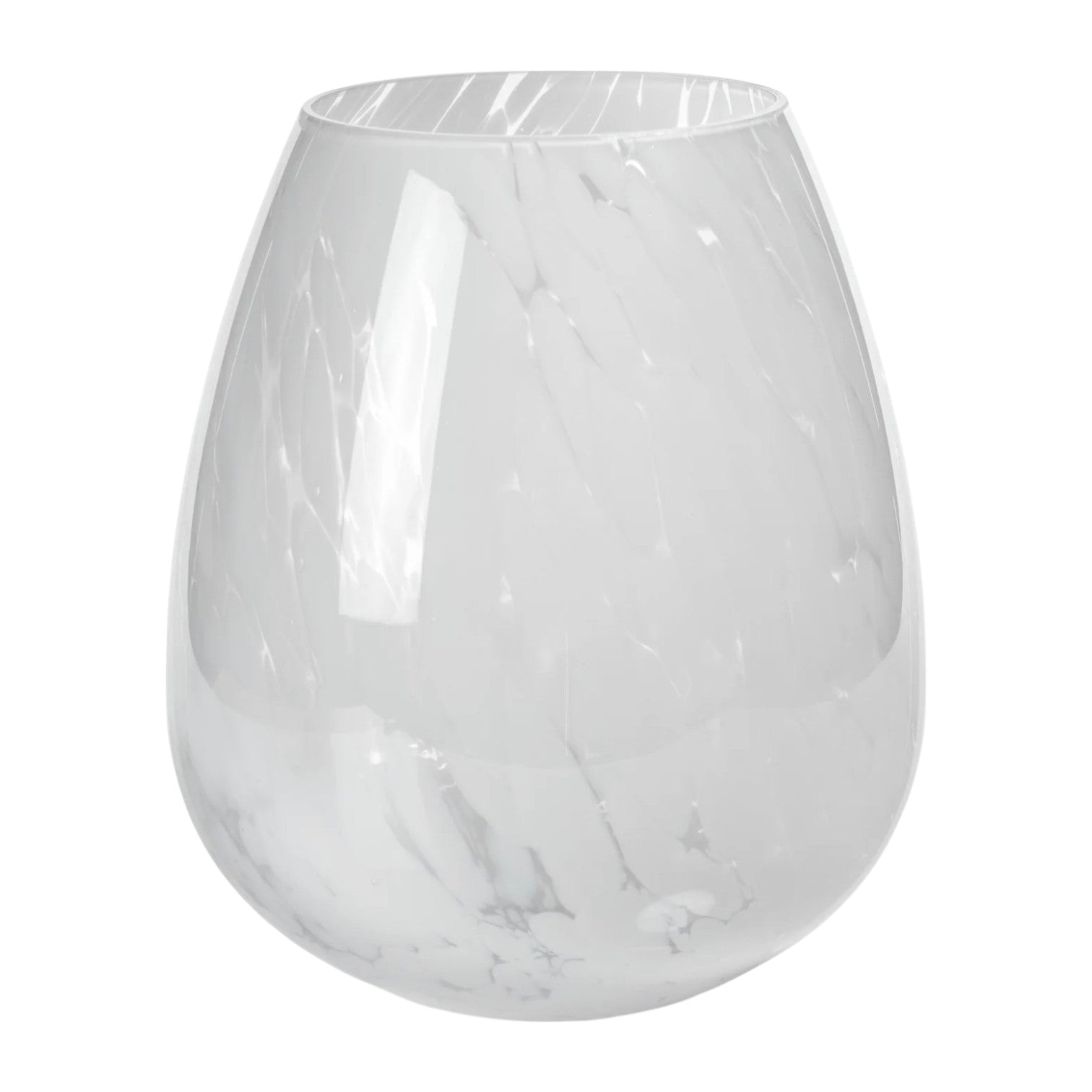 The Zodax Liguria Confetti Glass Vase features a round base and subtle white marbled patterns, making it an elegant décor piece for any space.