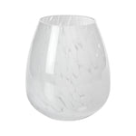 The Zodax Liguria Confetti Glass Vase features a clear, rounded design with a subtle white marbled pattern, making it perfect for elegant décor.