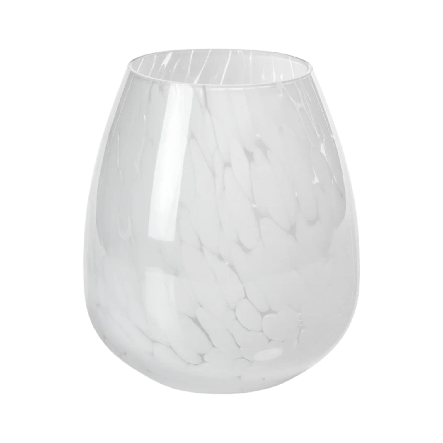 The Zodax Liguria Confetti Glass Vase features a clear, rounded design with a subtle white marbled pattern, making it perfect for elegant décor.