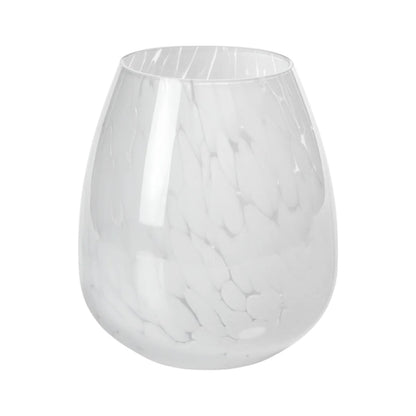 The Zodax Liguria Confetti Glass Vase features a clear, rounded design with a subtle white marbled pattern, making it perfect for elegant décor.