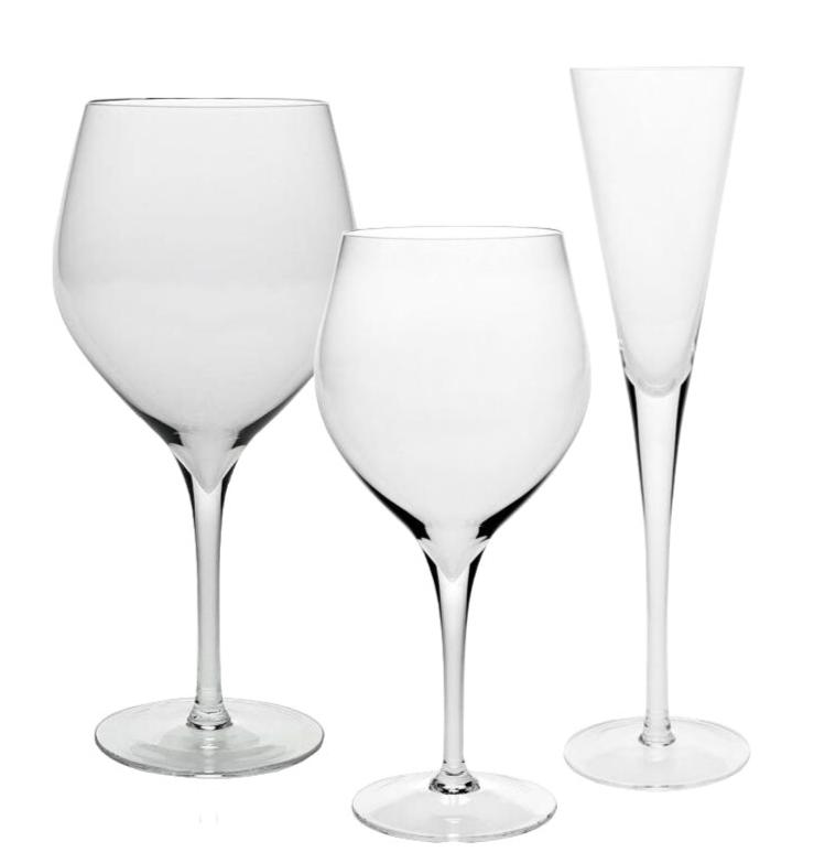 Three empty clear wine glasses from the Lillian Collection by William Yeoward Crystal, each with a fine rim and unique shape, stand upright on a white background.