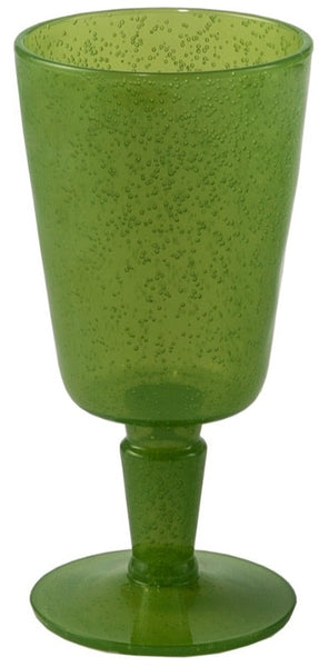 A green glass goblet with a textured surface and a sturdy stem, crafted by Memento Acrylic Wine Goblet Collection, isolated on a white background.