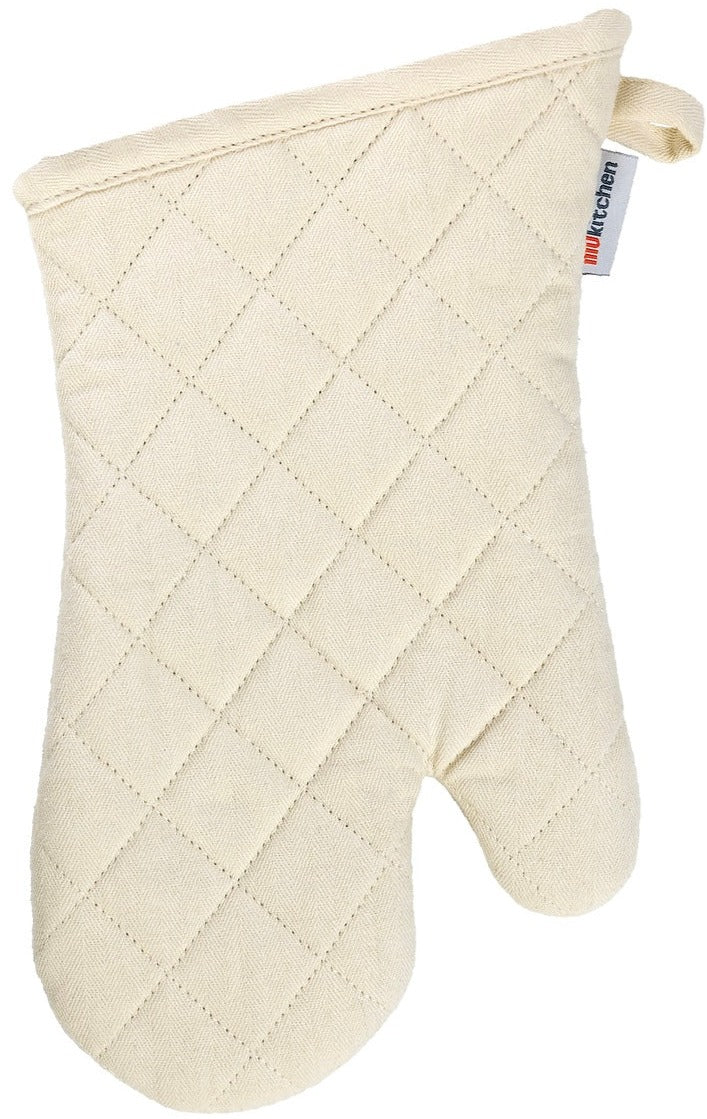 A beige quilted cotton oven mitt from the MUKitchen Oven Mitt Collection by MUkitchen, featuring a diamond pattern, a soft terry lining for extra comfort, and a loop for hanging.