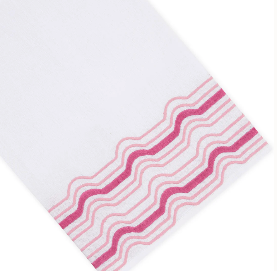 Mod Bath Collection white premium linen hand towel with a border of pink wavy lines.