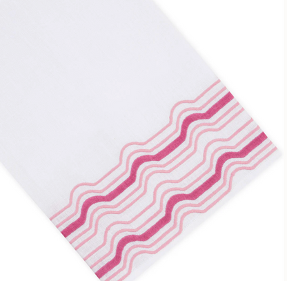 Mod Bath Collection white premium linen hand towel with a border of pink wavy lines.