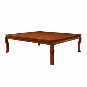 The Ceylon Cocktail Table by Hickory Chair is a large, square wooden table featuring four curved legs inspired by Chinese altar tables, displayed on a white background.