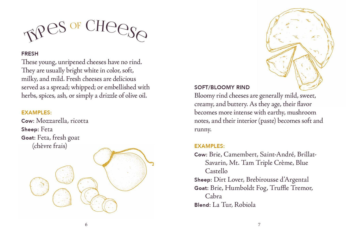 The Little Book of Charcuterie and Cheese by Simon & Schuster includes two pages dedicated to fresh and soft/bloomy rind cheeses, featuring cheese varieties and examples to inspire your ultimate charcuterie board. With charming illustrations on a crisp white background, this handy guide is the perfect stylish companion for entertaining guests.