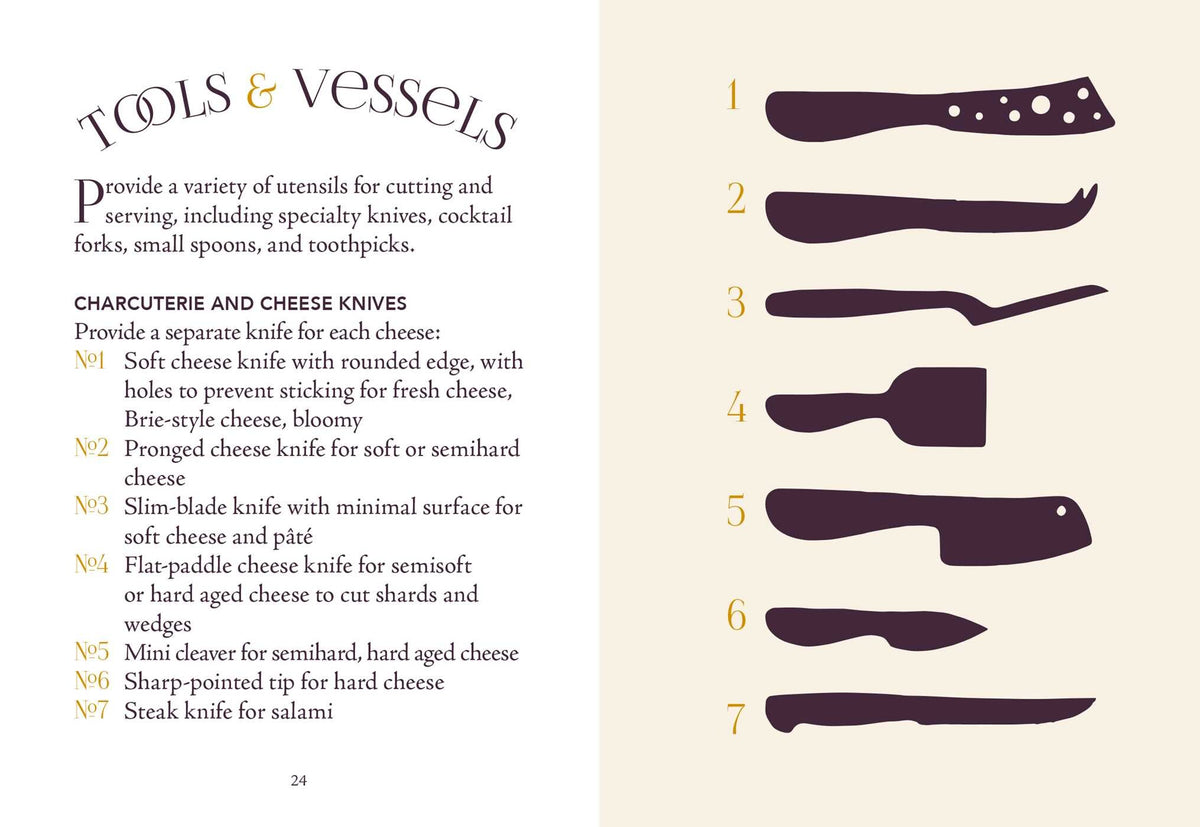 Seven distinct silhouettes of cheese and charcuterie knives are labeled and explained, each matched to specific cheese types or cutting tasks, adjacent to a detailed explanatory section. The *Little Book of Charcuterie and Cheese* by Simon & Schuster serves as an essential guide for anyone aspiring to master the art of crafting charcuterie boards and enhancing their entertaining occasions.