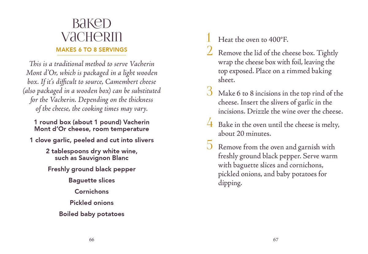 Recipe page for Baked Vacherin cheese, with a curated list of ingredients on the left and easy-to-follow baking instructions on the right. This mouthwatering showstopper is ideal for entertaining and pairs perfectly with tips from Simon & Schuster’s Little Book of Charcuterie and Cheese—making it a must-have addition to any gourmet cheese guide or charcuterie spread.
