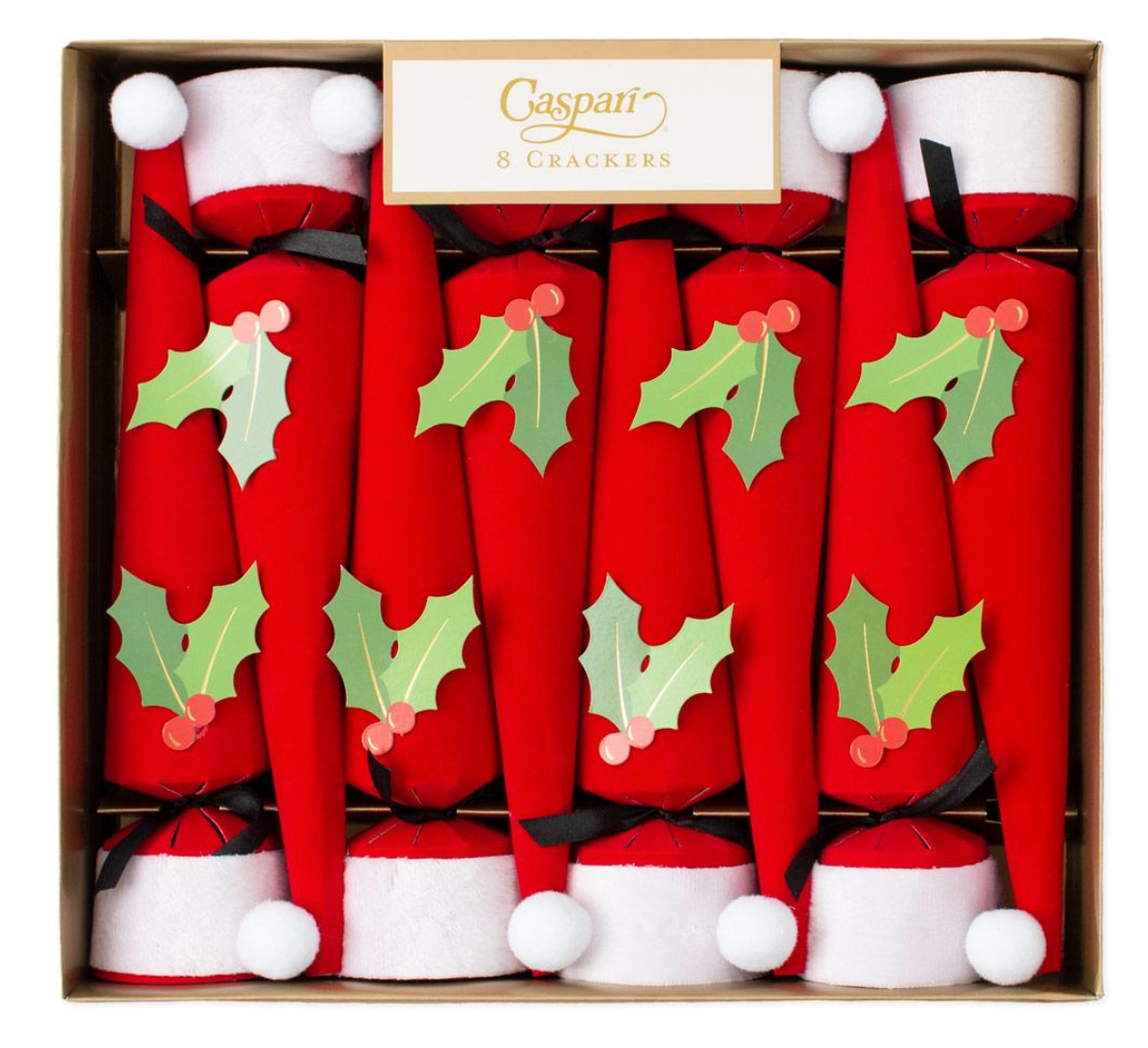 Caspari’s Santa Hat Cone Cracker Set includes 8 Christmas crackers shaped like Santa hats, each with a holly and berry cutout—festive party favors ideal for any holiday celebration.