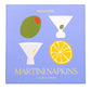 Light blue square box of Martini Cocktail Napkins featuring illustrations of a green olive, a martini glass, and a lemon slice, labeled “MARTINI NAPKINS 4 COCKTAIL NAPKINS.”