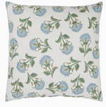 The Farah Light Indigo Pillow by John Robshaw features a dreamy hand block-printed indigo floral and green leaf pattern with yellow accents on a white background, adding a charming touch to any space.