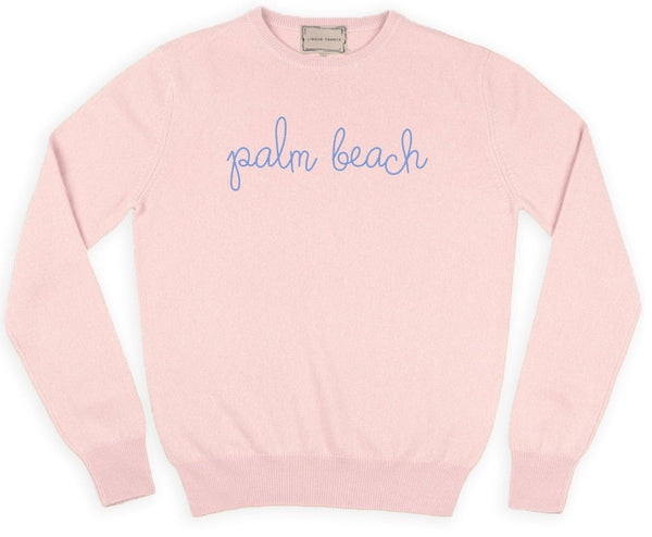 Pastel pink Lingua Franca Palm Beach Classic Longsleeve crewneck sweatshirt with "palm beach" text embroidery, made from sustainably sourced cashmere.