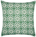 The Mindra Moss Outdoor Pillow by John Robshaw features a square green design with white geometric and floral patterns.