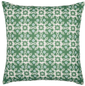 The Mindra Moss Outdoor Pillow by John Robshaw features a square green design with white geometric and floral patterns.