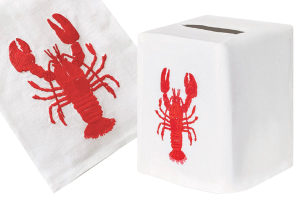 Two Red Lobster Collection designs hand embroidered on a white Italian linen hand towel and a tissue box cover from Haute Home.