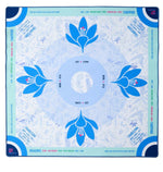 The Oh My Mahjong Mahjong Mat Collection features a square neoprene mat with blue floral designs, labeled "walls" and "left" sections, printed edge instructions, and a non-slip surface for stable gameplay.