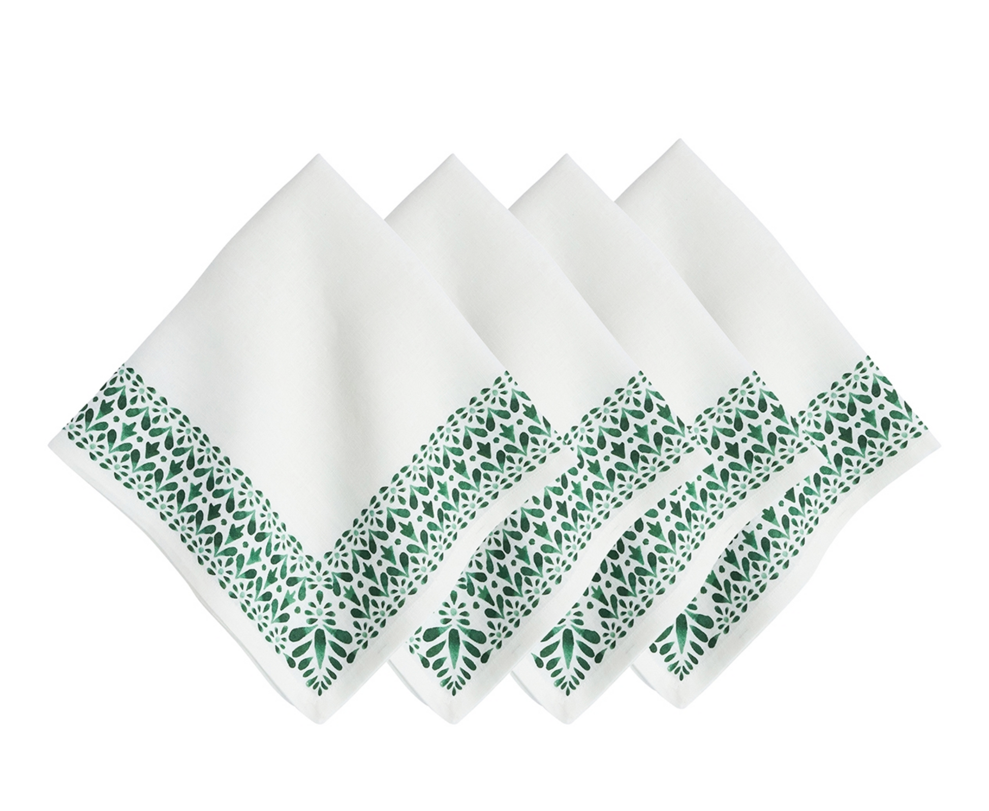 The Juliska Iberian Evergreen Border Napkin Set, featuring four linen napkins adorned with a green leafy Iberian-inspired border, is neatly arranged in a row with a slight overlap—perfect for adding elegant charm to your table settings.