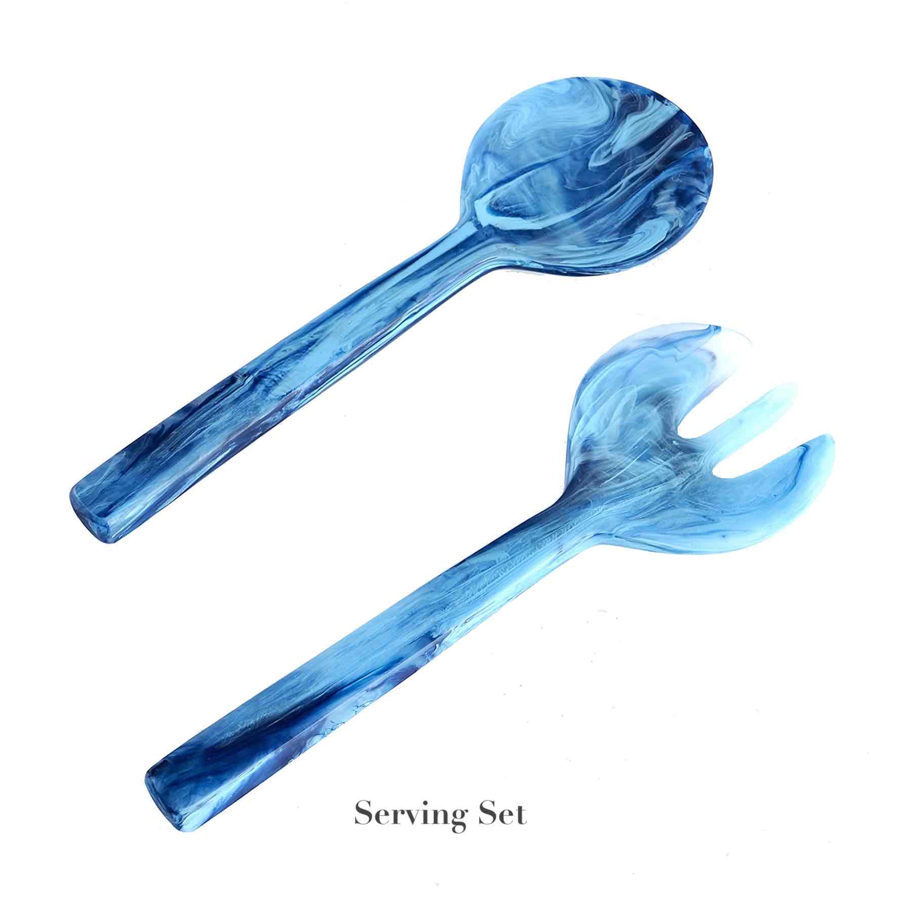 Two utensils from the Denim Resin Serveware Collection by Nashi Home—one spoon, one fork—are shown on a white background with "Serving Set" below. These blue marbled, shatter-resistant pieces add style to your home decor.