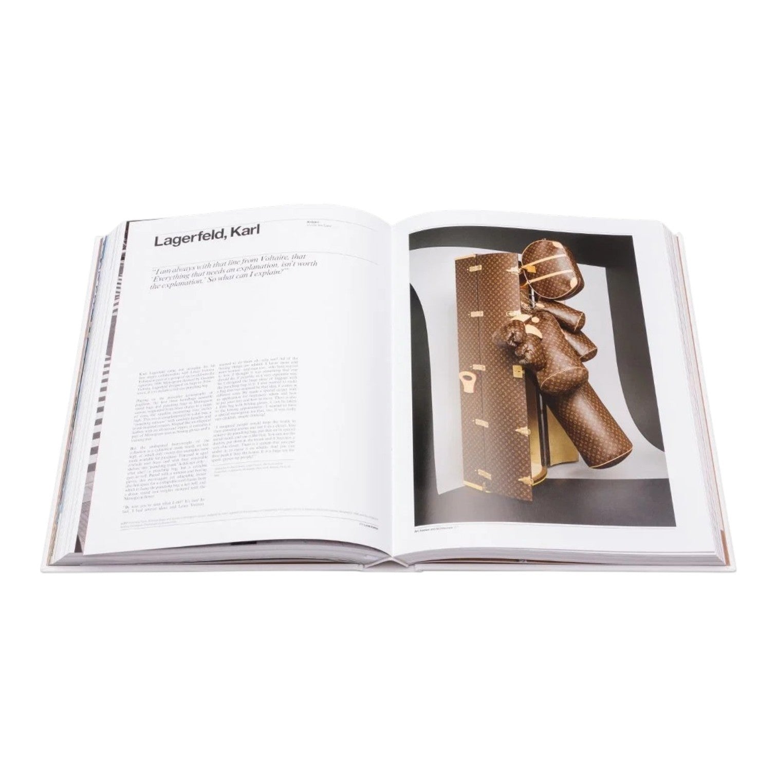 Open book displaying a page with text about Karl Lagerfeld on the left and a photograph of a brown patterned designer handbag—an iconic example featured in Louis Vuitton, A Passion for Creation: Art, Fashion and Architecture by Rizzoli—on the right.