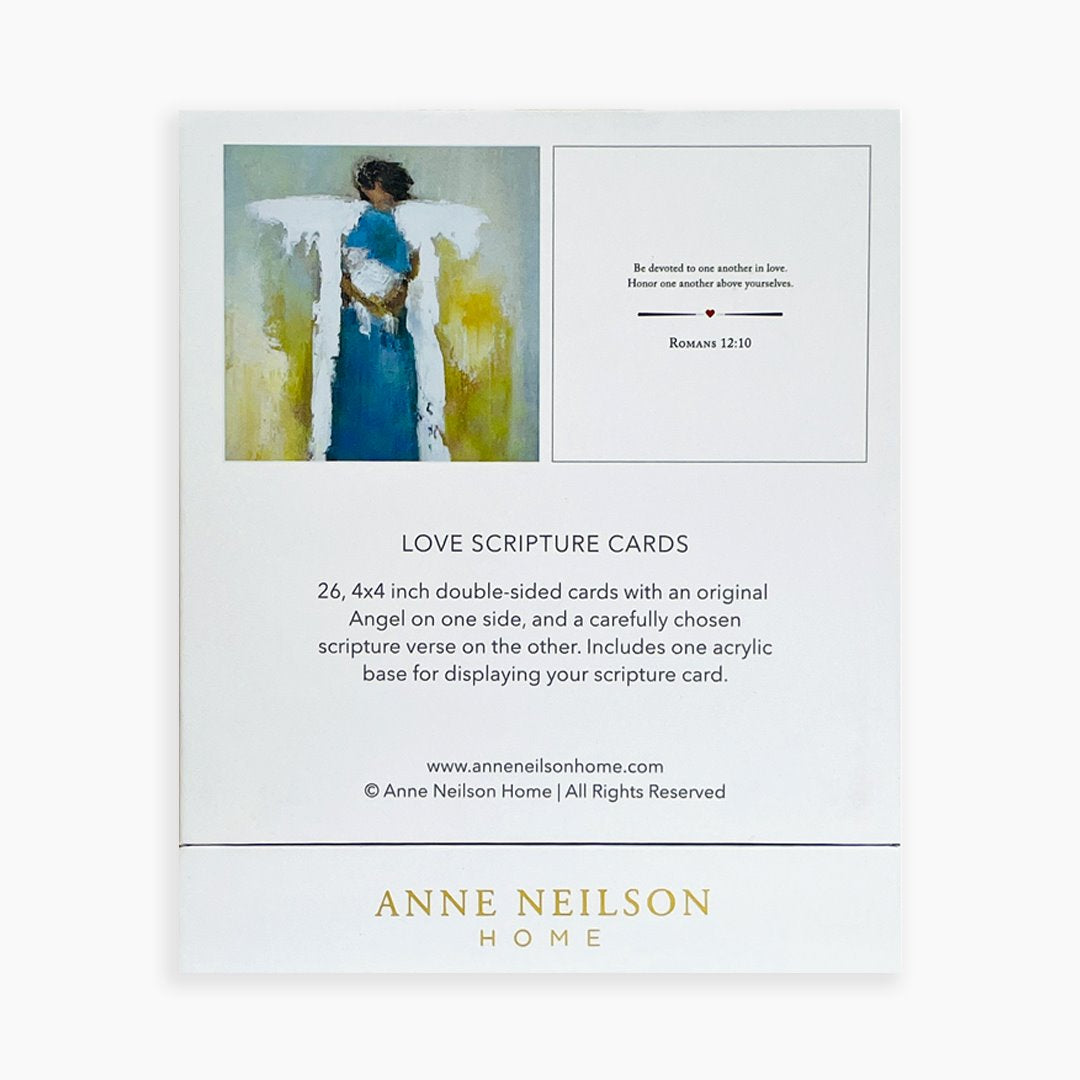 The Anne Neilson: Love Scripture Cards display card showcases an angel painting, the Romans 12:10 verse, and describes a set of 26 double-sided scripture cards by Anne Neilson.
