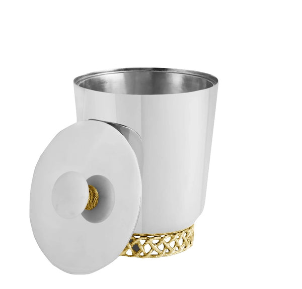 Elegant white and gold Michael Aram Love Knot Ice Bucket with a lid, featuring a metallic gold base with a woven design symbolizing the strength of togetherness, isolated on a white surface.