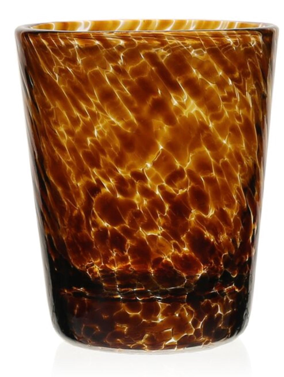 The Vanessa Tortoise Collection tumbler by William Yeoward Crystal features a mottled tortoiseshell design that creates an optical illusion on its smooth, brown glass cylindrical shape.