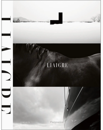 Black and white book cover featuring abstract landscapes, a close-up of a horse, minimalist “Liaigre: 12 Projects” text, and geometric shapes; an homage to Christian Liaigre’s iconic interior design style. Published by Penguin Random House.