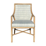 The McGuire Passage Arm Chair features a light wooden frame and cushioned seat and back in striped fabric, photographed from the front—a refined dining chair that highlights exceptional craftsmanship.