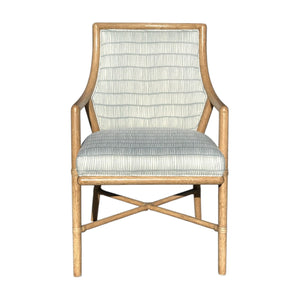 The McGuire Passage Arm Chair features a light wooden frame and cushioned seat and back in striped fabric, photographed from the front—a refined dining chair that highlights exceptional craftsmanship.