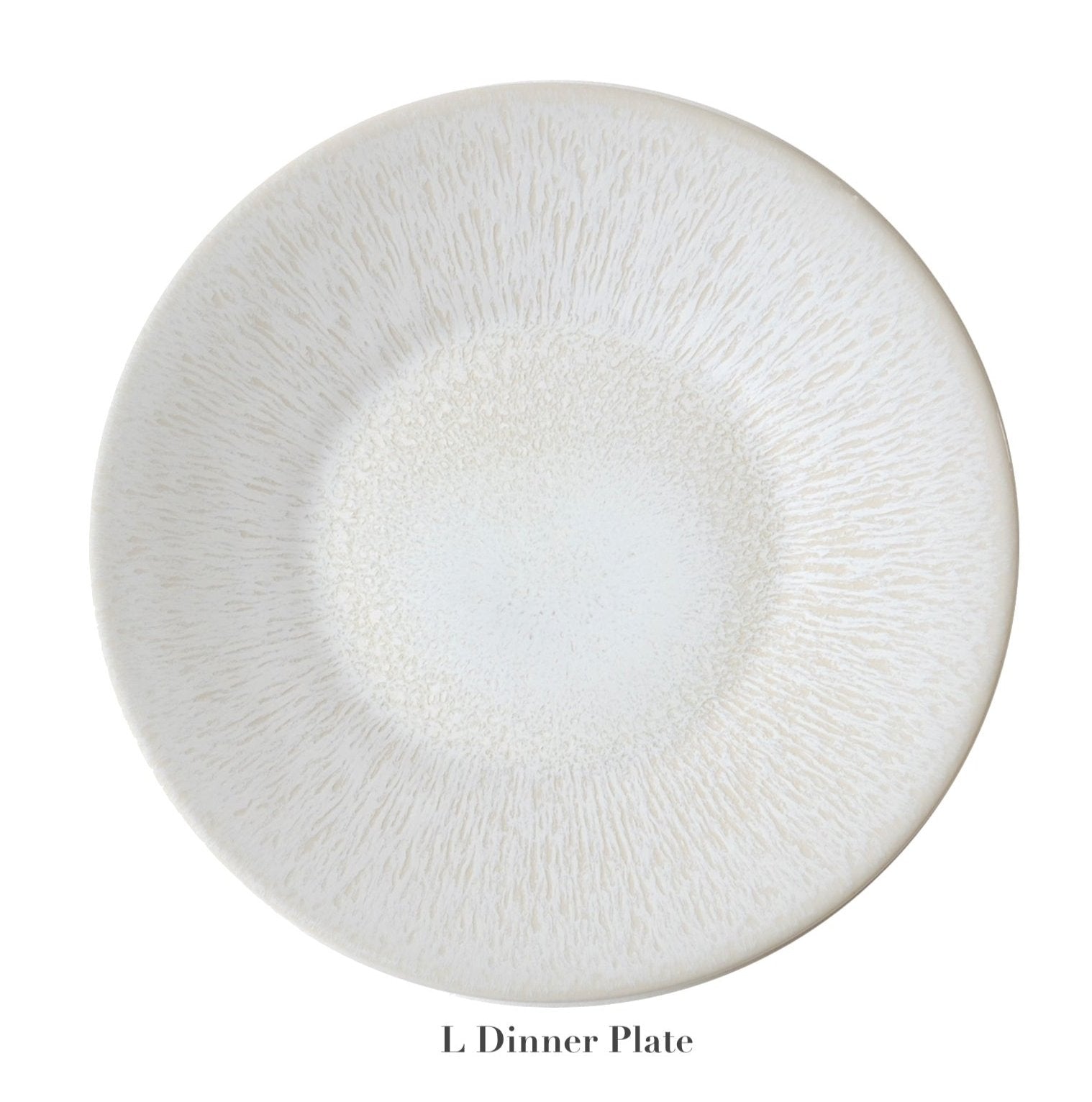 A round, light-toned ceramic plate with a subtle textured pattern and elegant perle glaze from Jars' Vuelta White Pearl Collection, labeled "L Dinner Plate" below.