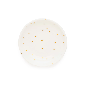 The Sugar Paper Scatter Dot Trinket Tray is a white ceramic tray featuring scattered gold details, displayed on a plain white background.