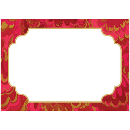 Rectangular blank label with a gold border and a red and pink marbled wave background, from the Marbled Ceramica Collection by Caspari.
