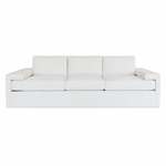 The Denby Sofa in Nit Witty Sea Salt by Hickory Chair features a modern, three-seat geometric design with straight armrests and light beige upholstery inspired by European luxury, shown against a plain white background.