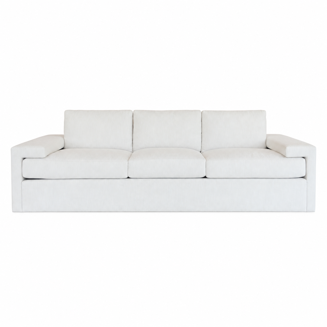 The Denby Sofa in Nit Witty Sea Salt by Hickory Chair features a modern, three-seat geometric design with straight armrests and light beige upholstery inspired by European luxury, shown against a plain white background.